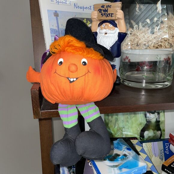 Vintage Hallmark Pumpkin Bean Bag Halloween Jack O Lantern Decor Shelf Sitter - Picture 5 of 13